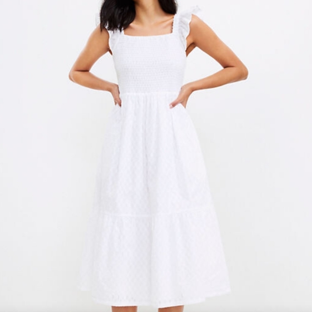 NEW! ANN TAYLOR LOFT Stripe Clip Smocked Ruffle Midi Dress XL. - Picture 1 of 7